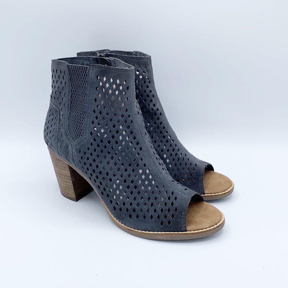 Toms Majorca Peep Toe Bootie Forged Iron Suede Perforated Gray Block Heel
